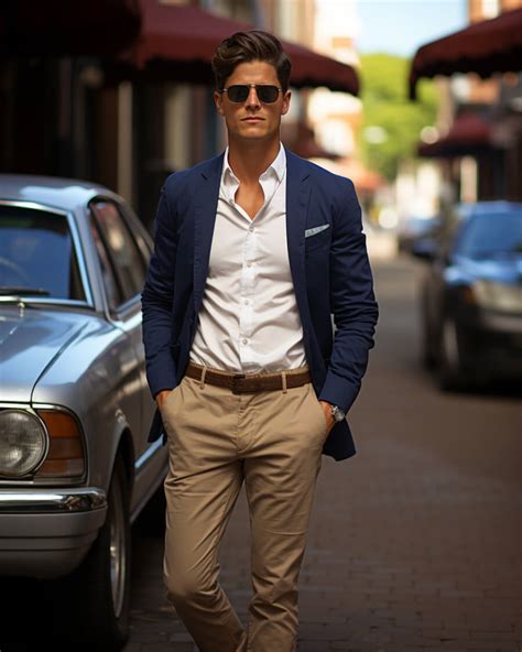 navy blazer with khaki pants.